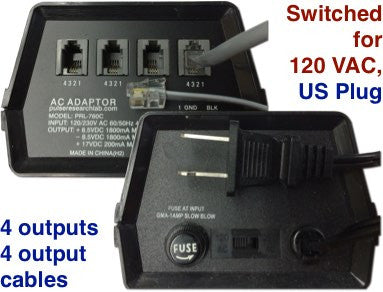 PRL-760C, ±8.5 V/1.8 A, +17 V/200 mA, AC adapter w/4 modular jacks and 4 cables